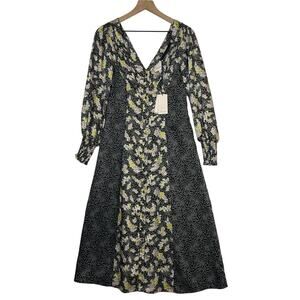 NEW Cinq A Sept Dress Women's Size 2 Black Floral Jessica Long Sleeve Midi